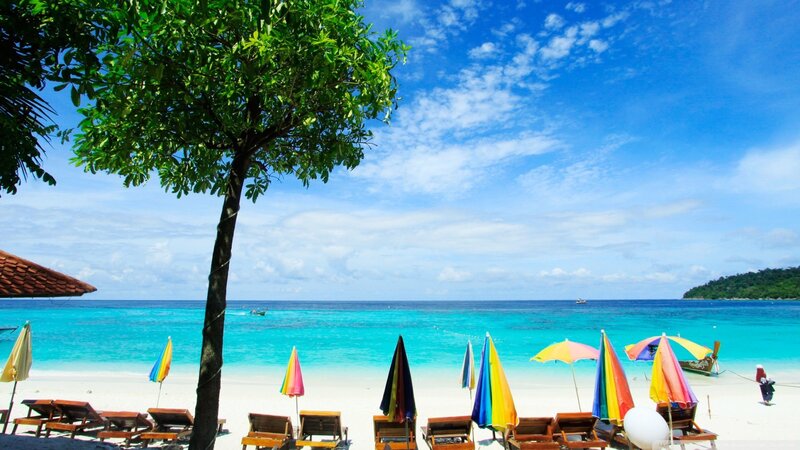 Tropical Beach Scene — Blue, Serene, Afternoon, Photograph, Umbrellas, Chairs