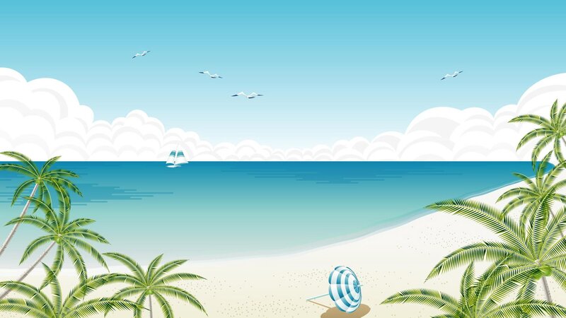 Tropical Beach Scene — Blue, Serene, Afternoon, Vector Art, Palm Trees