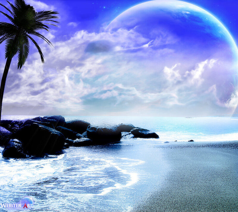 Tropical Beach Scene — Blue, Serene, Night