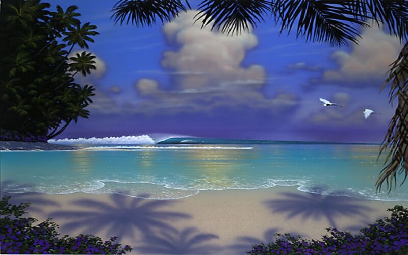Tropical Beach Scene — Blue, Serene, Sunset, Digital Art