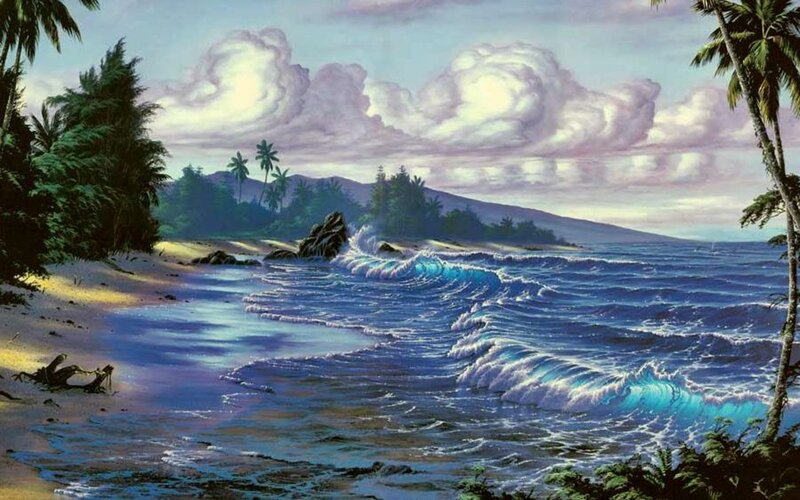 Tropical Beach Scene — Blue, Serene, Sunset, Painting