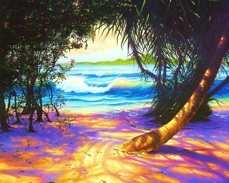 Tropical Beach Scene — Blue, Serene, Sunset, Painting, Trees