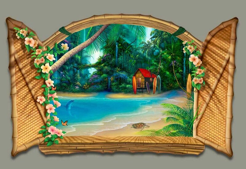 Tropical Beach Scene — Green, Serene, Afternoon, Digital Art, Flowers
