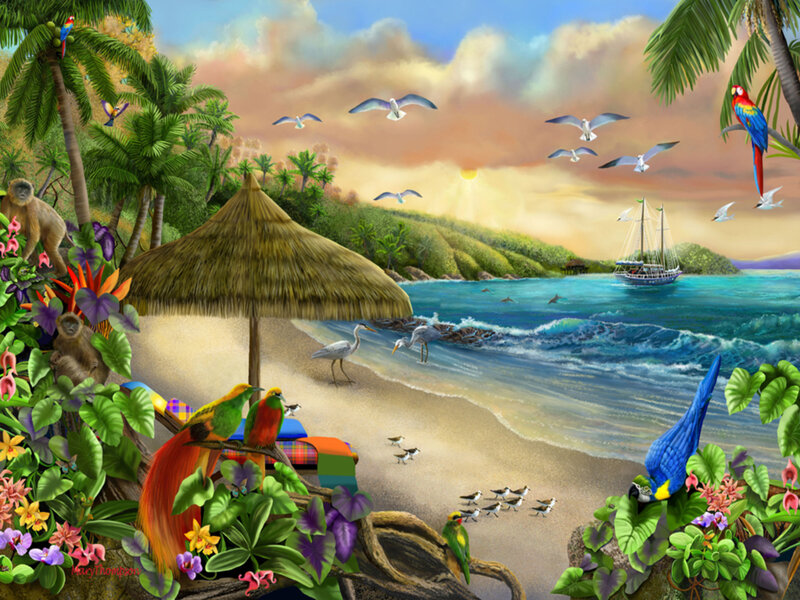 Tropical Beach Scene — Green, Serene, Sunset