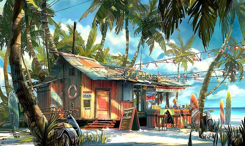 Tropical beach shack scene