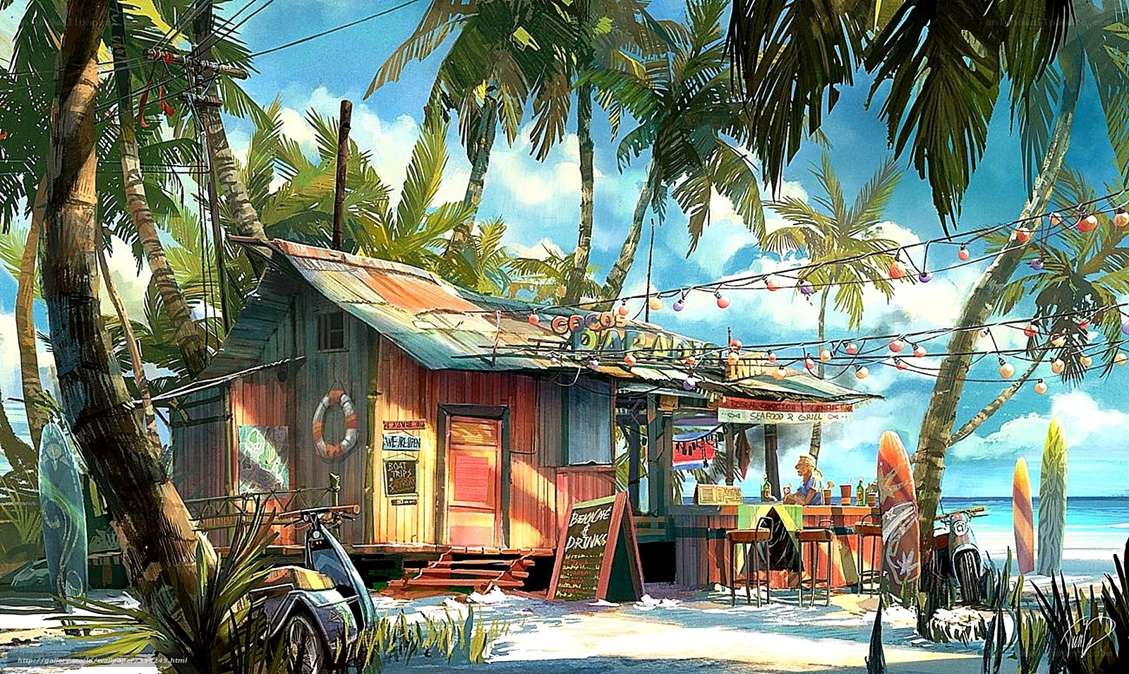 Tropical beach shack scene