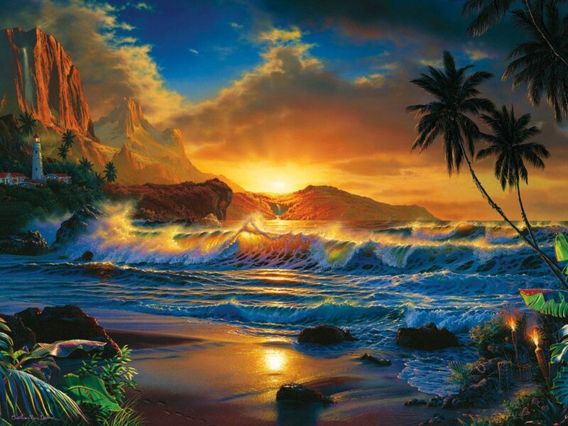 Tropical Beach Sunset — Blue, Dramatic, Painting
