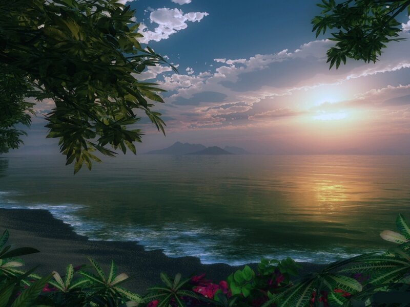 Tropical Beach Sunset — Blue, Serene, Digital Art, Ocean