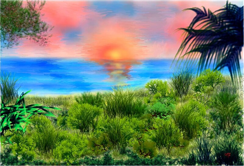 Tropical Beach Sunset — Blue, Serene, Digital Art, Palm Tree