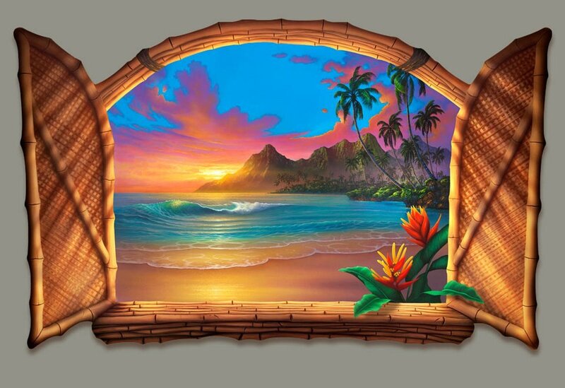 Tropical Beach Sunset — Blue, Serene, Digital Art, Palm Trees, Mountain