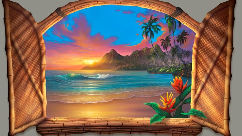 Tropical Beach Sunset — Blue, Serene, Digital Art, Palm Trees