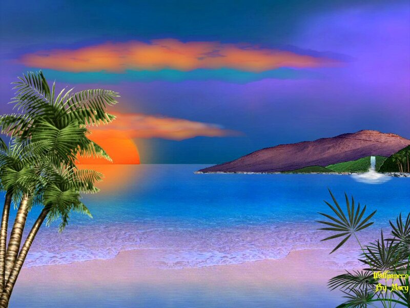 Tropical Beach Sunset — Blue, Serene, Digital Art