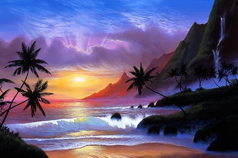Tropical Beach Sunset — Blue, Serene, Painting, Palm Trees