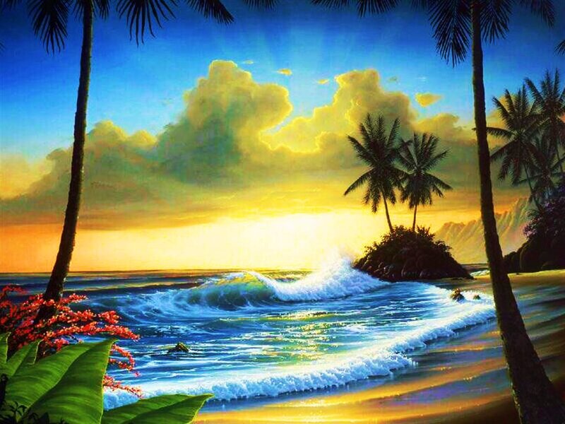 Tropical Beach Sunset — Blue, Serene, Painting