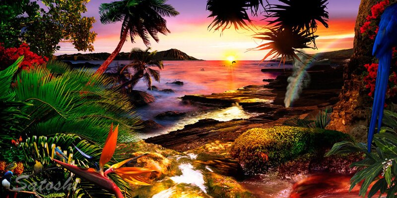 Tropical Beach Sunset — Green, Serene