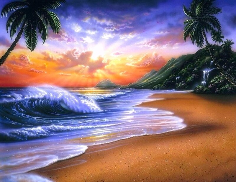 Tropical Beach Sunset — Orange, Dramatic, Digital Art, Palm Trees, Waves