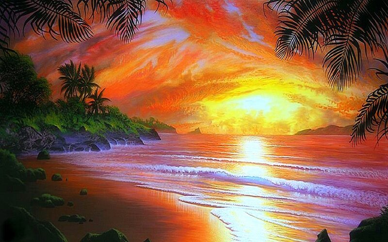 Tropical Beach Sunset — Orange, Dramatic, Painting, Palm Trees, Ocean
