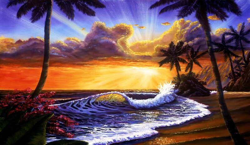 Tropical Beach Sunset — Orange, Dramatic, Painting, Palm Trees, Ocean Waves