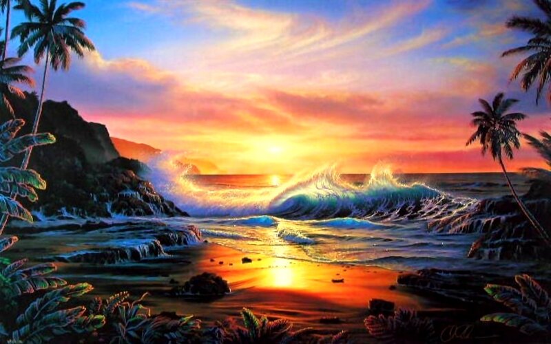 Tropical Beach Sunset — Orange, Dramatic, Painting, Palm Trees