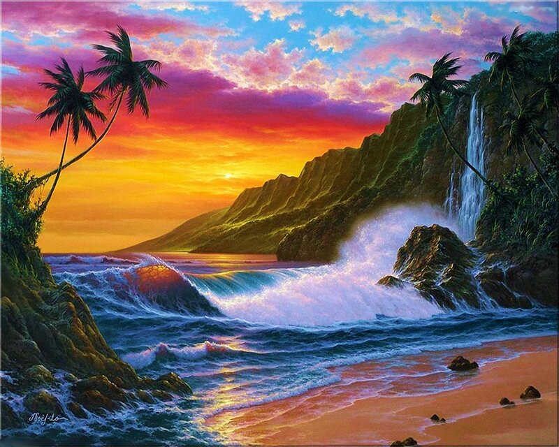 Tropical Beach Sunset — Orange, Dramatic, Painting, Palm Trees, Waterfall