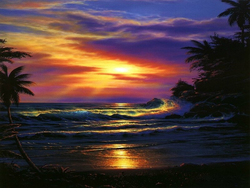 Tropical Beach Sunset — Orange, Dramatic, Painting