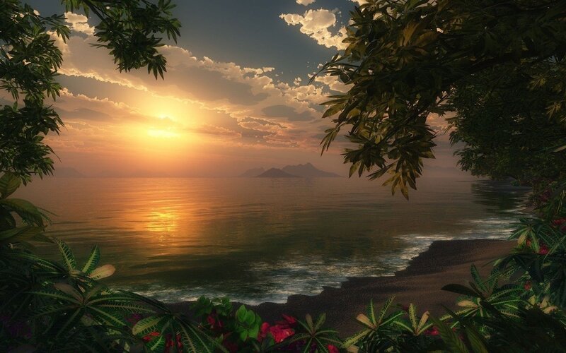 Tropical Beach Sunset — Orange, Serene, Digital Art, Ocean, Mountains
