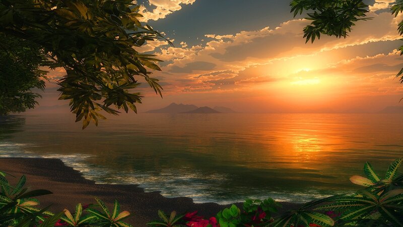 Tropical Beach Sunset — Orange, Serene, Digital Art, Ocean, Mountains, Trees, Flowers