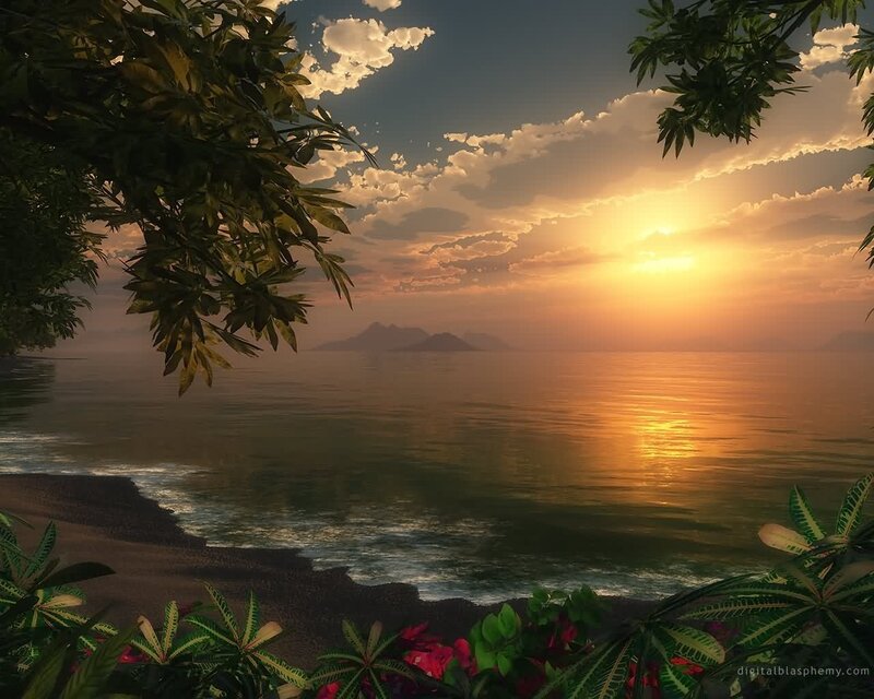 Tropical Beach Sunset — Orange, Serene, Digital Art, Ocean, Mountains, Trees