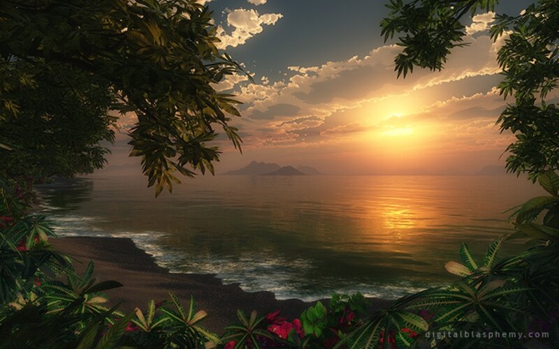 Tropical Beach Sunset — Orange, Serene, Digital Art, Ocean