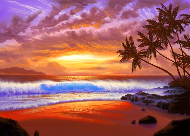 Tropical Beach Sunset — Purple, Dramatic, Painting