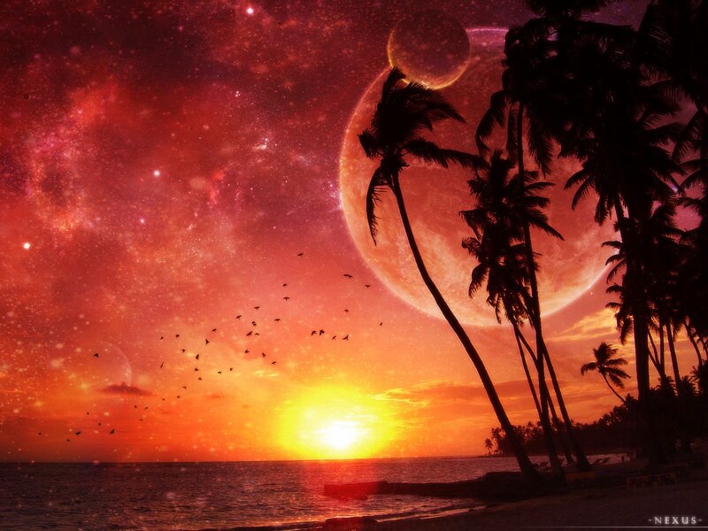 Tropical Beach Sunset — Red, Dramatic, Digital Art