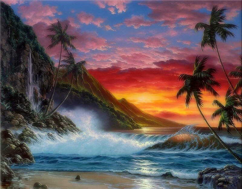 Tropical Beach Sunset — Red, Dramatic, Painting, Palm Trees