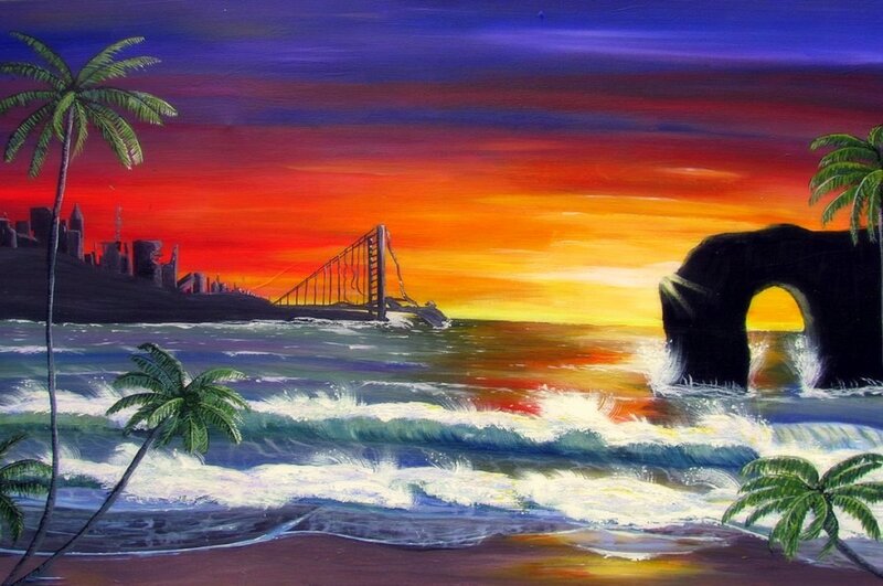Tropical Beach Sunset — Red, Dramatic, Painting