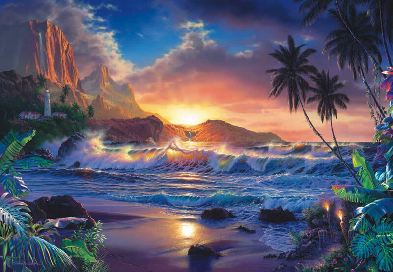 Tropical beach sunset with lighthouse