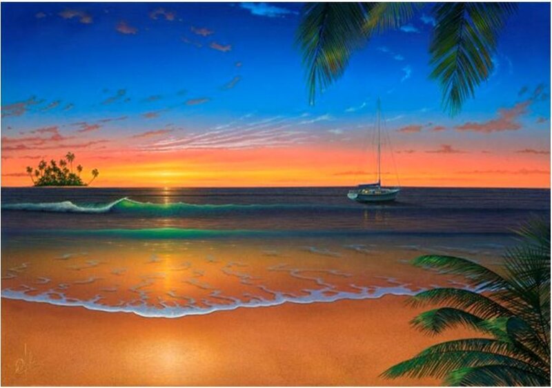 Tropical beach sunset with sailboat