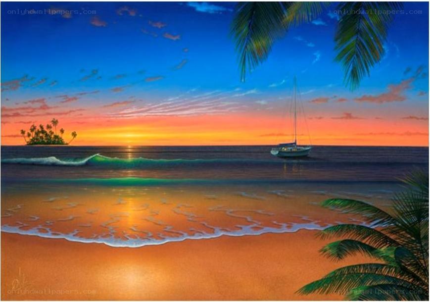 Tropical beach sunset with sailboat