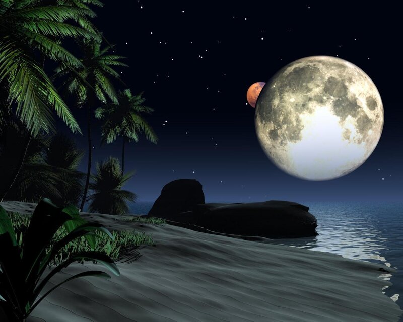 Tropical beach under alien moons