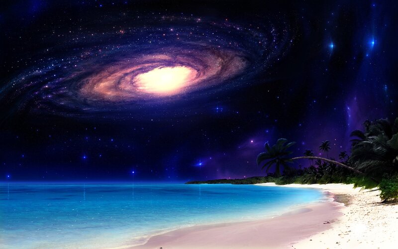 tropical beach under galaxy sky