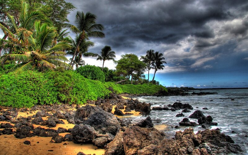 tropical beach under stormy sky