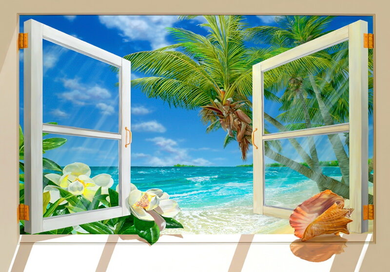 Tropical Beach View — Blue, Serene, Afternoon, Digital Art