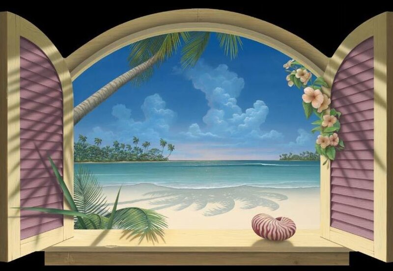 tropical beach view from window