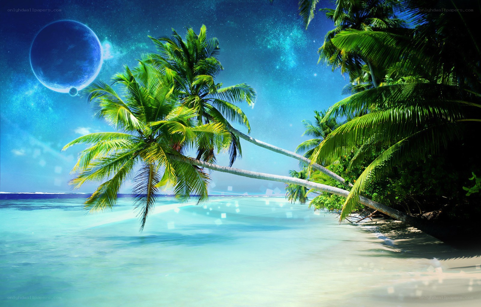 Tropical beach with alien moon