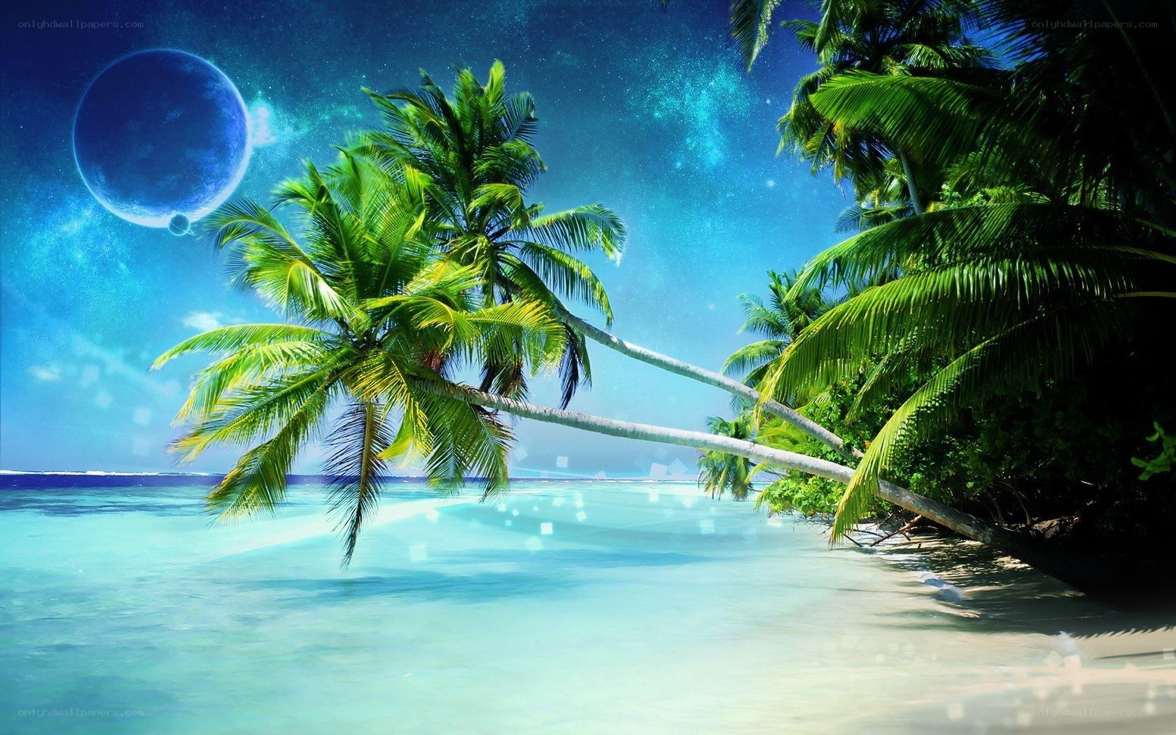 Tropical beach with alien moon