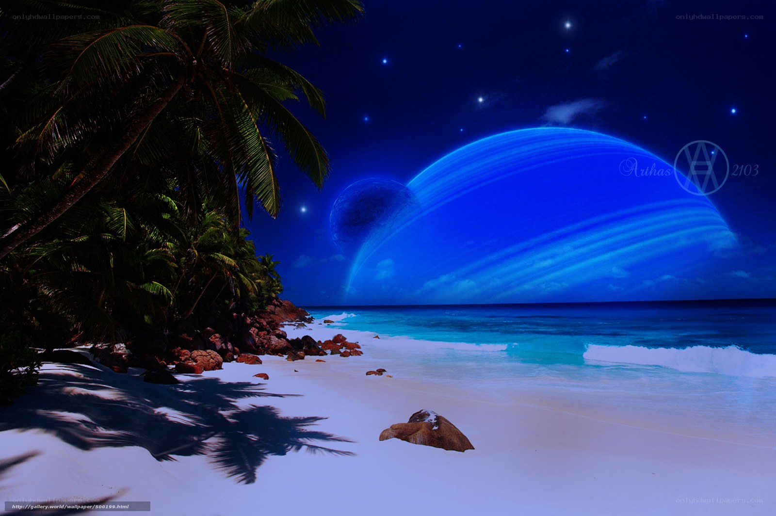 Tropical beach with alien planet