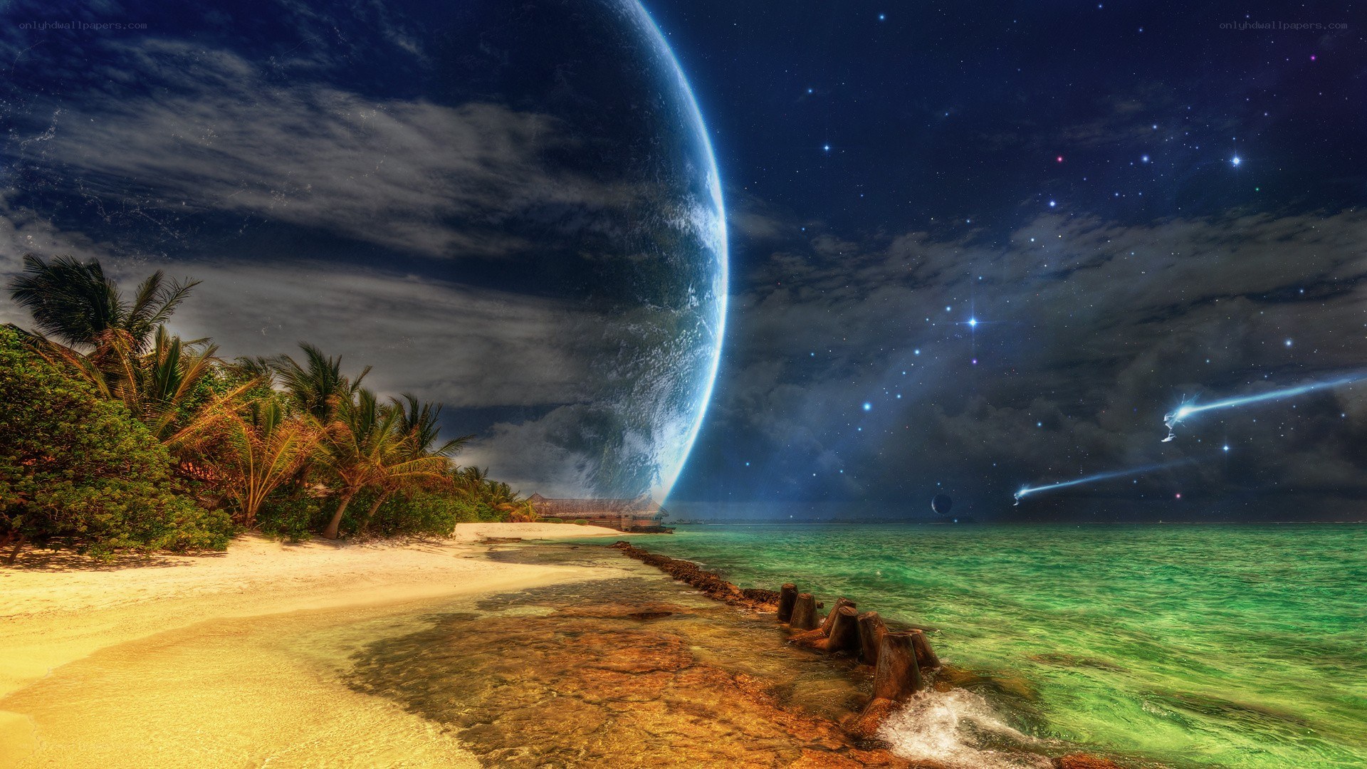 Tropical beach with alien planet