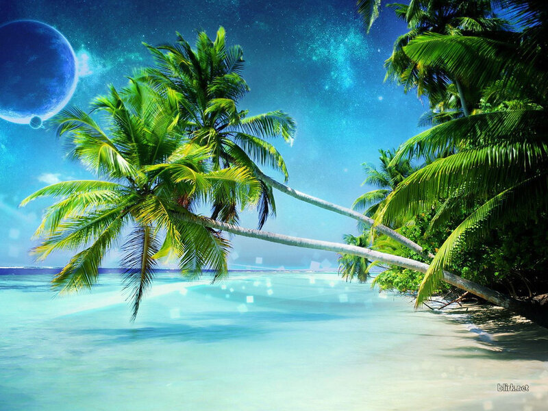 Tropical beach with alien planet