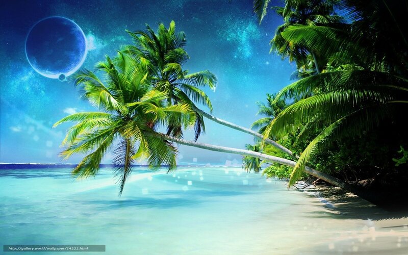 Tropical beach with alien planet