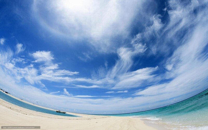 Tropical Beach with Boat — Blue, Serene, Afternoon, Photograph, Sand, Clouds