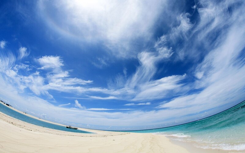 Tropical Beach with Boat — Blue, Serene, Afternoon, Photograph, Sand, Ocean, Clouds