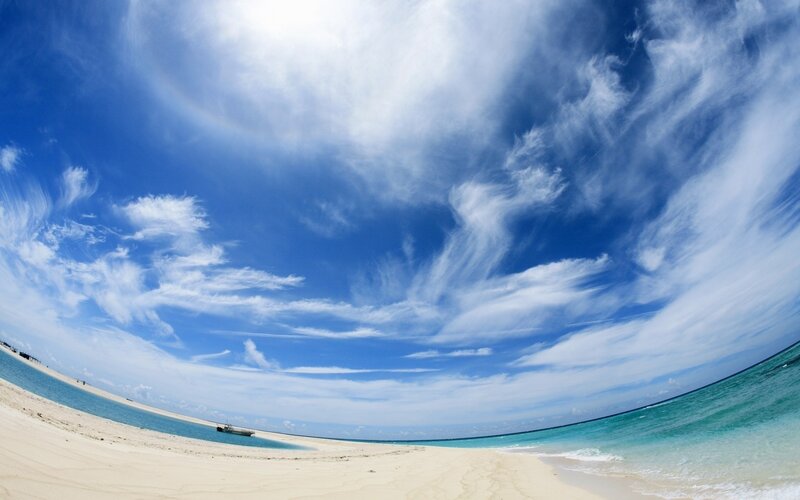 Tropical Beach with Boat — Blue, Serene, Afternoon, Photograph, Sand, Ocean